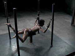 Foxy ebony starlet gets tied up and rammed by a machine